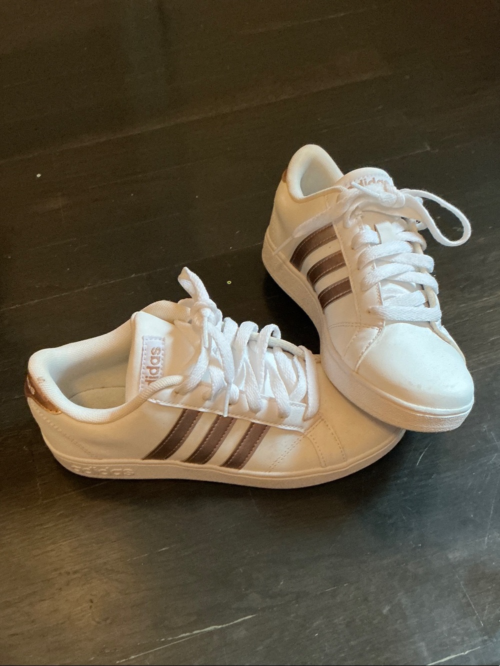 adidas Kids White Sneakers with Brown Stripe Accents